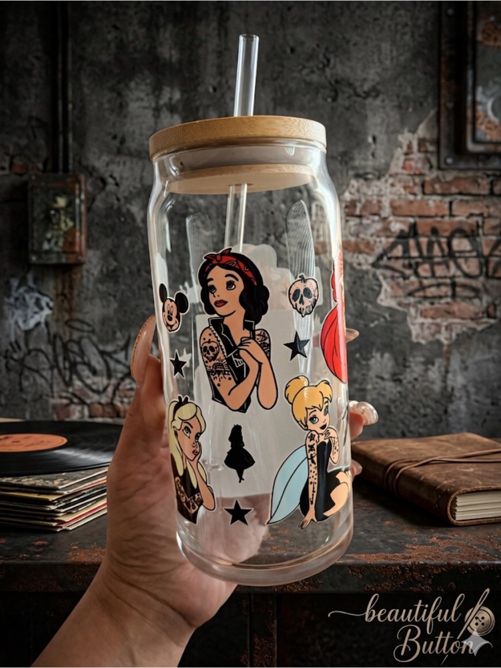 Custom Tattooed Disney Princess Glass Tumbler with Bamboo Lid - Clear